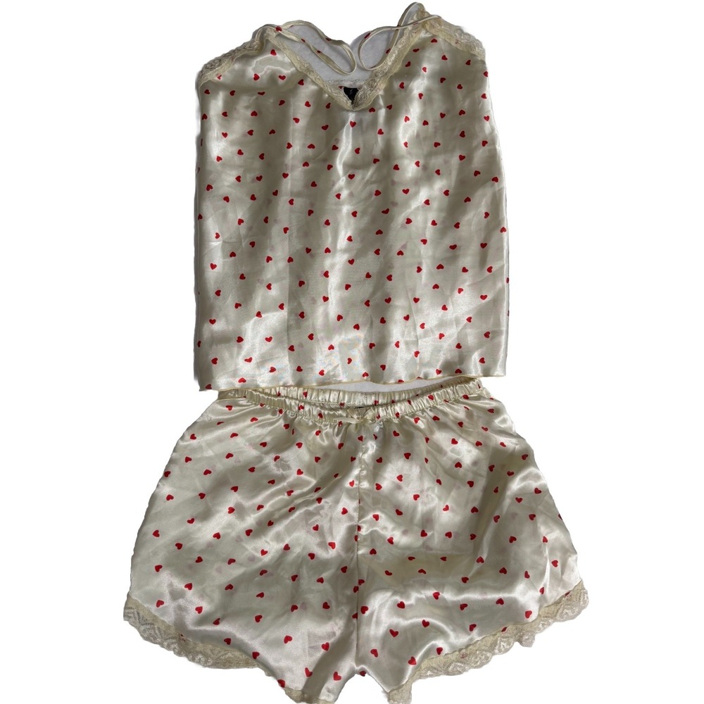 Midnight Coco Women's Red Hearts Print Satin Top Lace Shorts Set Size M